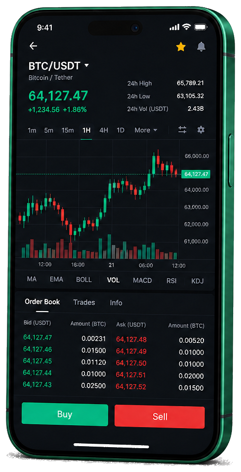 Integra Invest mobilní obchodní platforma — živý graf BTC/USDT, kniha objednávek a rozhraní nákupu/prodeje